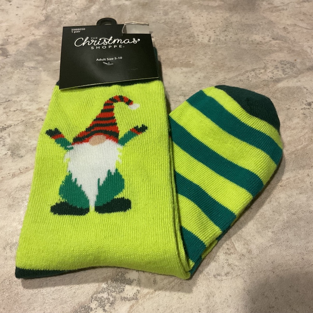 The Christmas Shoppe Gnome Socks green striped adult size